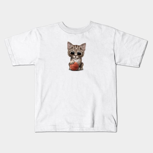 Cute Kitten Playing With Basketball Kids T-Shirt by jeffbartels